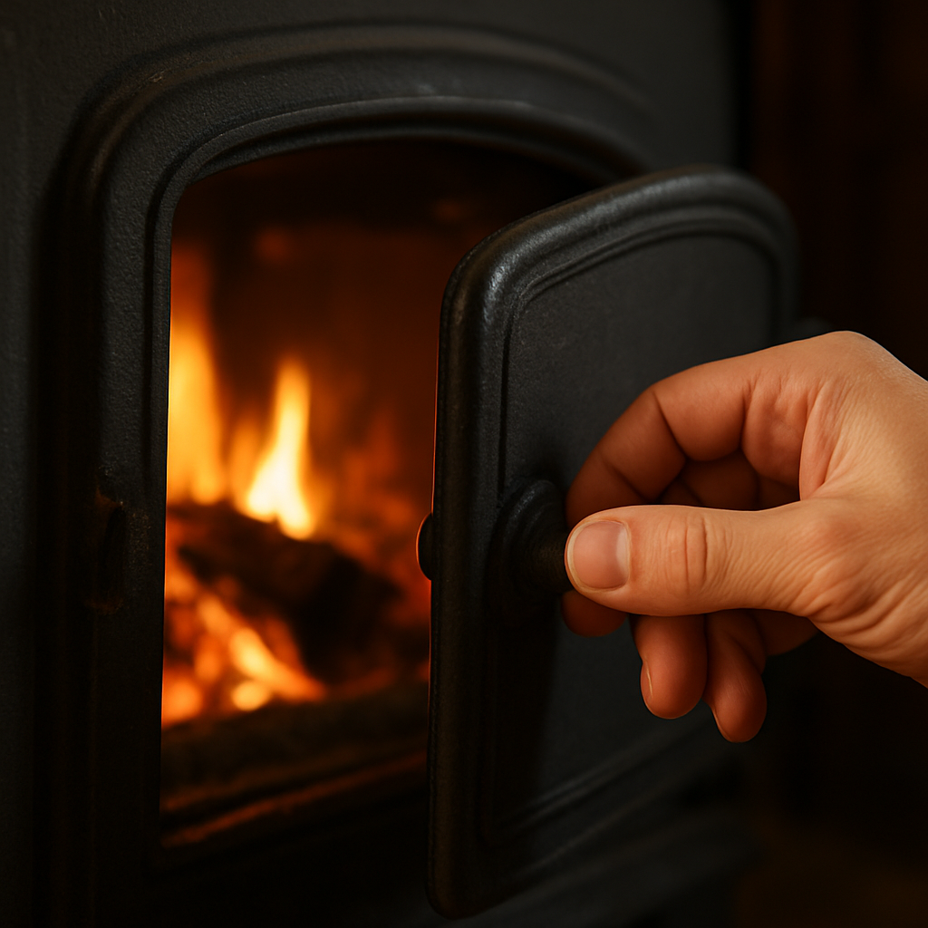 Hand öffnet die Tür eines Kaminofens
